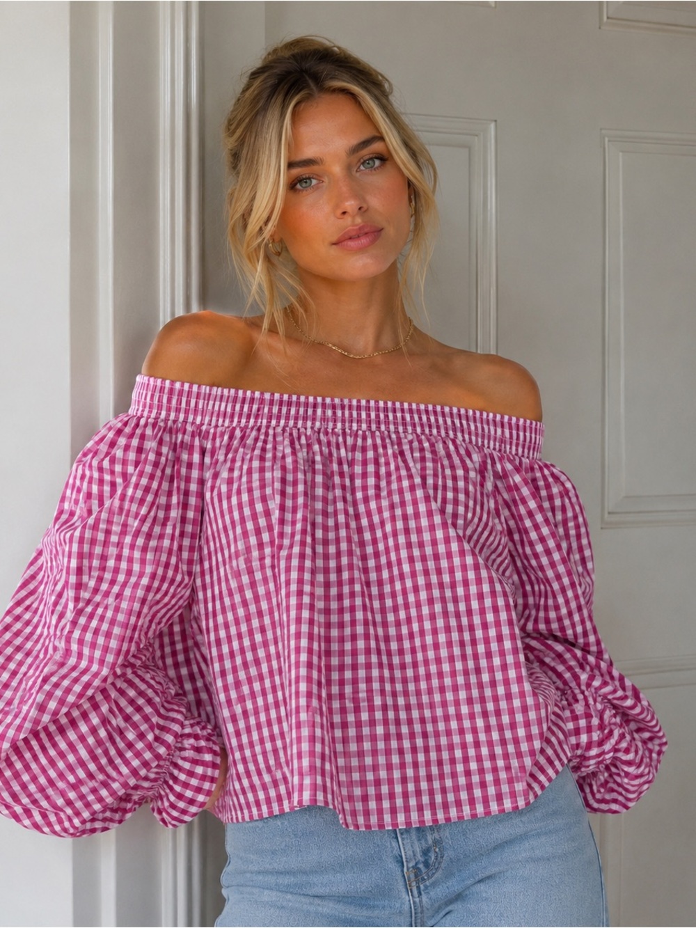 Chic Wish Pink Gingham Off Shoulder Top Women’s Medium Large